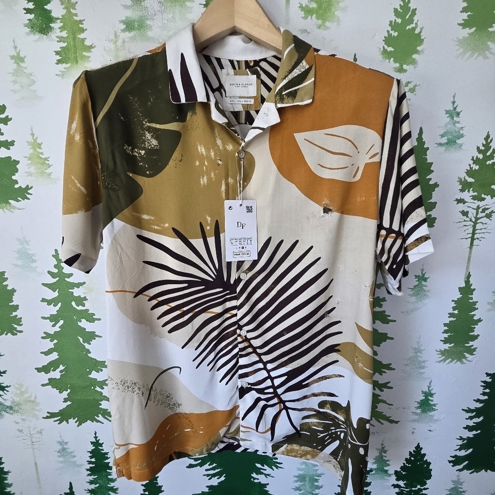 Denim & Flower Olive Green, Mustard & Cream Botanical Short-Sleeve Shirt